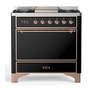ILVE Majestic III 36-Inch Dual Fuel Range with 6 Sealed Burners + Griddle, 3.5 cu. ft. Oven, Glossy Black with Copper Trim, Liquid Propane, Solid Door, UM36FQNR3BKPLP