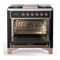 ILVE Majestic III 36-Inch Dual Fuel Range with 6 Sealed Burners + Griddle, 3.5 cu. ft. Oven, Glossy Black with Copper Trim, Liquid Propane, Solid Door, UM36FQNR3BKPLP