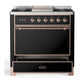 ILVE Majestic III 36-Inch Dual Fuel Range with 6 Sealed Burners + Griddle, 3.5 cu. ft. Oven, Glossy Black with Copper Trim, Liquid Propane, Solid Door, UM36FQNR3BKPLP