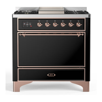 ILVE Majestic III 36-Inch Dual Fuel Range with 6 Sealed Burners + Griddle, 3.5 cu. ft. Oven, Glossy Black with Copper Trim, Natural Gas, Solid Door, UM36FQNR3BKP