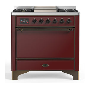 ILVE Majestic III 36-Inch Dual Fuel Range with 6 Sealed Burners + Griddle, 3.5 cu. ft. Oven, Burgundy with Burnished Trim, Liquid Propane, Solid Door, UM36FQNR3BUBLP