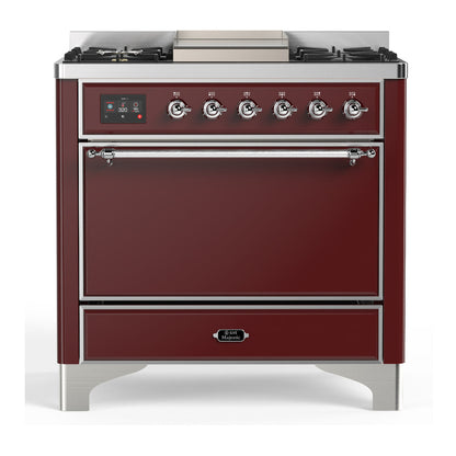 ILVE Majestic III 36-Inch Dual Fuel Range with 6 Sealed Burners + Griddle, 3.5 cu. ft. Oven, Burgundy with Chrome Trim, Natural Gas, Solid Door, UM36FQNR3BUC