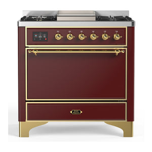 ILVE Majestic III 36-Inch Dual Fuel Range with 6 Sealed Burners + Griddle, 3.5 cu. ft. Oven, Burgundy with Brass Trim, Liquid Propane, Solid Door, UM36FQNR3BUGLP