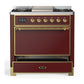 ILVE Majestic III 36-Inch Dual Fuel Range with 6 Sealed Burners + Griddle, 3.5 cu. ft. Oven, Burgundy with Brass Trim, Natural Gas, Solid Door, UM36FQNR3BUG