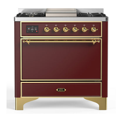 ILVE Majestic III 36-Inch Dual Fuel Range with 6 Sealed Burners + Griddle, 3.5 cu. ft. Oven, Burgundy with Brass Trim, Natural Gas, Solid Door, UM36FQNR3BUG