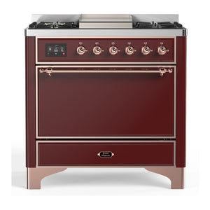 ILVE Majestic III 36-Inch Dual Fuel Range with 6 Sealed Burners + Griddle, 3.5 cu. ft. Oven, Burgundy with Copper Trim, Natural Gas, Solid Door, UM36FQNR3BUP