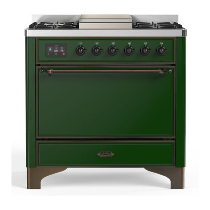 ILVE Majestic III 36-Inch Dual Fuel Range with 6 Sealed Burners + Griddle, 3.5 cu. ft. Oven, Emerald Green with Burnished Trim, Liquid Propane, Solid Door, UM36FQNR3EGBLP