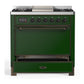 ILVE Majestic III 36-Inch Dual Fuel Range with 6 Sealed Burners + Griddle, 3.5 cu. ft. Oven, Emerald Green with Burnished Trim, Natural Gas, Solid Door, UM36FQNR3EGB