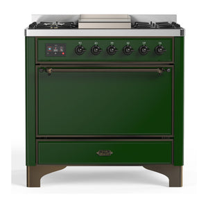 ILVE Majestic III 36-Inch Dual Fuel Range with 6 Sealed Burners + Griddle, 3.5 cu. ft. Oven, Emerald Green with Burnished Trim, Natural Gas, Solid Door, UM36FQNR3EGB