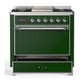 ILVE Majestic III 36-Inch Dual Fuel Range with 6 Sealed Burners + Griddle, 3.5 cu. ft. Oven, Emerald Green with Chrome Trim, Natural Gas, Solid Door, UM36FQNR3EGC