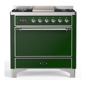 ILVE Majestic III 36-Inch Dual Fuel Range with 6 Sealed Burners + Griddle, 3.5 cu. ft. Oven, Emerald Green with Chrome Trim, Natural Gas, Solid Door, UM36FQNR3EGC