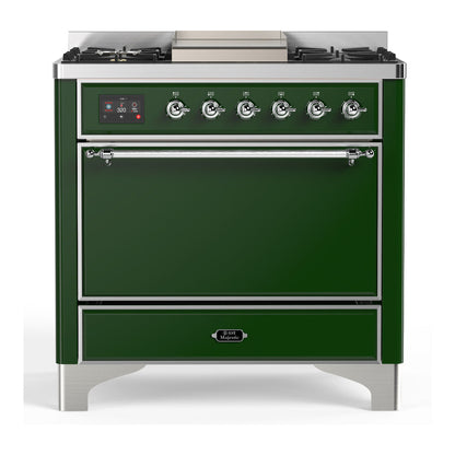 ILVE Majestic III 36-Inch Dual Fuel Range with 6 Sealed Burners + Griddle, 3.5 cu. ft. Oven, Emerald Green with Chrome Trim, Natural Gas, Solid Door, UM36FQNR3EGC