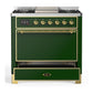ILVE Majestic III 36-Inch Dual Fuel Range with 6 Sealed Burners + Griddle, 3.5 cu. ft. Oven, Emerald Green with Brass Trim, Liquid Propane, Solid Door, UM36FQNR3EGGLP