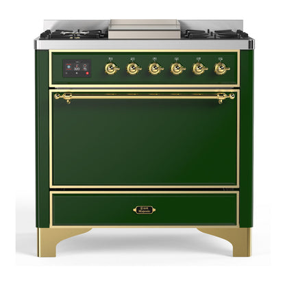 ILVE Majestic III 36-Inch Dual Fuel Range with 6 Sealed Burners + Griddle, 3.5 cu. ft. Oven, Emerald Green with Brass Trim, Liquid Propane, Solid Door, UM36FQNR3EGGLP