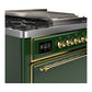 ILVE Majestic III 36-Inch Dual Fuel Range with 6 Sealed Burners + Griddle, 3.5 cu. ft. Oven, Emerald Green with Brass Trim, Natural Gas, Solid Door, UM36FQNR3EGG