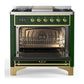 ILVE Majestic III 36-Inch Dual Fuel Range with 6 Sealed Burners + Griddle, 3.5 cu. ft. Oven, Emerald Green with Brass Trim, Natural Gas, Solid Door, UM36FQNR3EGG