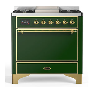 ILVE Majestic III 36-Inch Dual Fuel Range with 6 Sealed Burners + Griddle, 3.5 cu. ft. Oven, Emerald Green with Brass Trim, Natural Gas, Solid Door, UM36FQNR3EGG