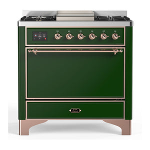 ILVE Majestic III 36-Inch Dual Fuel Range with 6 Sealed Burners + Griddle, 3.5 cu. ft. Oven, Emerald Green with Copper Trim, Natural Gas, Solid Door, UM36FQNR3EGP