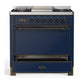 ILVE Majestic III 36-Inch Dual Fuel Range with 6 Sealed Burners + Griddle, 3.5 cu. ft. Oven, Mightnight Blue with Burnished Trim, Liquid Propane, Solid Door, UM36FQNR3MBBLP
