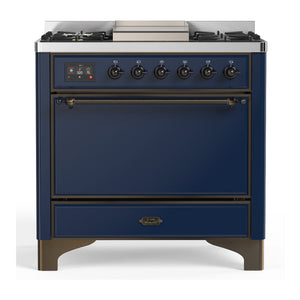 ILVE Majestic III 36-Inch Dual Fuel Range with 6 Sealed Burners + Griddle, 3.5 cu. ft. Oven, Mightnight Blue with Burnished Trim, Natural Gas, Solid Door, UM36FQNR3MBB