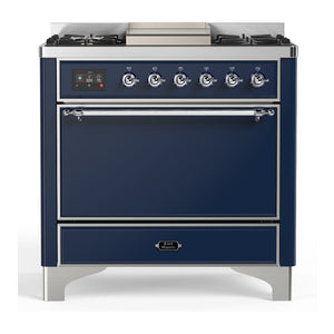 ILVE Majestic III 36-Inch Dual Fuel Range with 6 Sealed Burners + Griddle, 3.5 cu. ft. Oven, Mightnight Blue with Chrome Trim, Liquid Propane, Solid Door, UM36FQNR3MBCLP