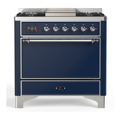 ILVE Majestic III 36-Inch Dual Fuel Range with 6 Sealed Burners + Griddle, 3.5 cu. ft. Oven, Mightnight Blue with Chrome Trim, Liquid Propane, Solid Door, UM36FQNR3MBCLP