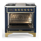 ILVE Majestic III 36-Inch Dual Fuel Range with 6 Sealed Burners + Griddle, 3.5 cu. ft. Oven, Mightnight Blue with Brass Trim, Liquid Propane, Solid Door, UM36FQNR3MBGLP