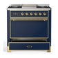 ILVE Majestic III 36-Inch Dual Fuel Range with 6 Sealed Burners + Griddle, 3.5 cu. ft. Oven, Mightnight Blue with Brass Trim, Natural Gas, Solid Door, UM36FQNR3MBG