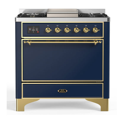 ILVE Majestic III 36-Inch Dual Fuel Range with 6 Sealed Burners + Griddle, 3.5 cu. ft. Oven, Mightnight Blue with Brass Trim, Natural Gas, Solid Door, UM36FQNR3MBG