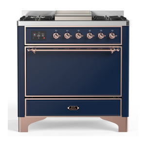 ILVE Majestic III 36-Inch Dual Fuel Range with 6 Sealed Burners + Griddle, 3.5 cu. ft. Oven, Mightnight Blue with Copper Trim, Liquid Propane, Solid Door, UM36FQNR3MBPLP