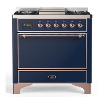 ILVE Majestic III 36-Inch Dual Fuel Range with 6 Sealed Burners + Griddle, 3.5 cu. ft. Oven, Mightnight Blue with Copper Trim, Liquid Propane, Solid Door, UM36FQNR3MBPLP