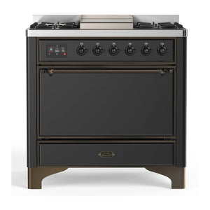ILVE Majestic III 36-Inch Dual Fuel Range with 6 Sealed Burners + Griddle, 3.5 cu. ft. Oven, Matte Graphite with Burnished Trim, Liquid Propane, Solid Door, UM36FQNR3MGBLP