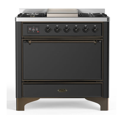 ILVE Majestic III 36-Inch Dual Fuel Range with 6 Sealed Burners + Griddle, 3.5 cu. ft. Oven, Matte Graphite with Burnished Trim, Liquid Propane, Solid Door, UM36FQNR3MGBLP