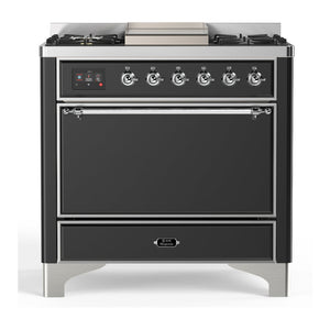 ILVE Majestic III 36-Inch Dual Fuel Range with 6 Sealed Burners + Griddle, 3.5 cu. ft. Oven, Matte Graphite with Chrome Trim, Liquid Propane, Solid Door, UM36FQNR3MGCLP