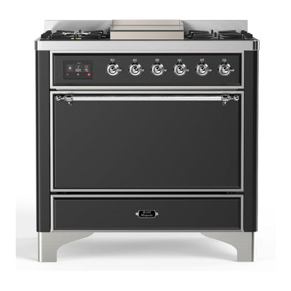 ILVE Majestic III 36-Inch Dual Fuel Range with 6 Sealed Burners + Griddle, 3.5 cu. ft. Oven, Matte Graphite with Chrome Trim, Liquid Propane, Solid Door, UM36FQNR3MGCLP