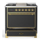 ILVE Majestic III 36-Inch Dual Fuel Range with 6 Sealed Burners + Griddle, 3.5 cu. ft. Oven, Matte Graphite with Brass Trim, Liquid Propane, Solid Door, UM36FQNR3MGGLP