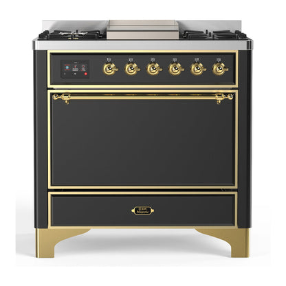 ILVE Majestic III 36-Inch Dual Fuel Range with 6 Sealed Burners + Griddle, 3.5 cu. ft. Oven, Matte Graphite with Brass Trim, Natural Gas, Solid Door, UM36FQNR3MGG