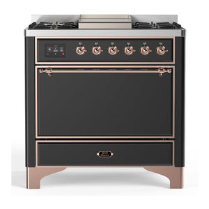 ILVE Majestic III 36-Inch Dual Fuel Range with 6 Sealed Burners + Griddle, 3.5 cu. ft. Oven, Matte Graphite with Copper Trim, Natural Gas, Solid Door, UM36FQNR3MGP