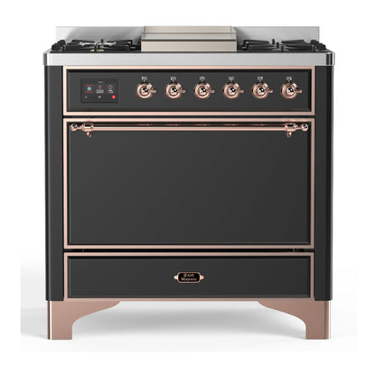 ILVE Majestic III 36-Inch Dual Fuel Range with 6 Sealed Burners + Griddle, 3.5 cu. ft. Oven, Matte Graphite with Copper Trim, Natural Gas, Solid Door, UM36FQNR3MGP
