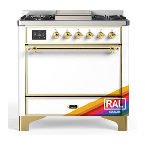 ILVE Majestic III 36-Inch Dual Fuel Range with 6 Sealed Burners + Griddle, 3.5 cu. ft. Oven, RAL with Brass Trim, Natural Gas, Solid Door, UM36FQNR3RAG