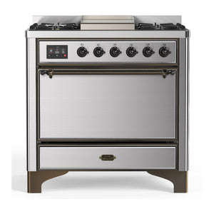 ILVE Majestic III 36-Inch Dual Fuel Range with 6 Sealed Burners + Griddle, 3.5 cu. ft. Oven, Stainless Steel with Burnished Trim, Liquid Propane, Solid Door, UM36FQNR3SSBLP