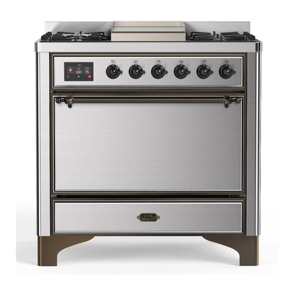 ILVE Majestic III 36-Inch Dual Fuel Range with 6 Sealed Burners + Griddle, 3.5 cu. ft. Oven, Stainless Steel with Burnished Trim, Natural Gas, Solid Door, UM36FQNR3SSB