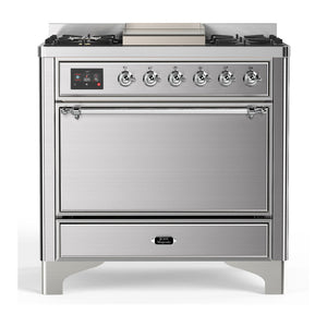 ILVE Majestic III 36-Inch Dual Fuel Range with 6 Sealed Burners + Griddle, 3.5 cu. ft. Oven, Stainless Steel with Chrome Trim, Liquid Propane, Solid Door, UM36FQNR3SSCLP