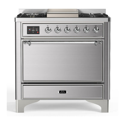 ILVE Majestic III 36-Inch Dual Fuel Range with 6 Sealed Burners + Griddle, 3.5 cu. ft. Oven, Stainless Steel with Chrome Trim, Liquid Propane, Solid Door, UM36FQNR3SSCLP