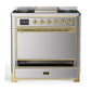 ILVE Majestic III 36-Inch Dual Fuel Range with 6 Sealed Burners + Griddle, 3.5 cu. ft. Oven, Stainless Steel with Brass Trim, Liquid Propane, Solid Door, UM36FQNR3SSGLP