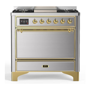 ILVE Majestic III 36-Inch Dual Fuel Range with 6 Sealed Burners + Griddle, 3.5 cu. ft. Oven, Stainless Steel with Brass Trim, Liquid Propane, Solid Door, UM36FQNR3SSGLP