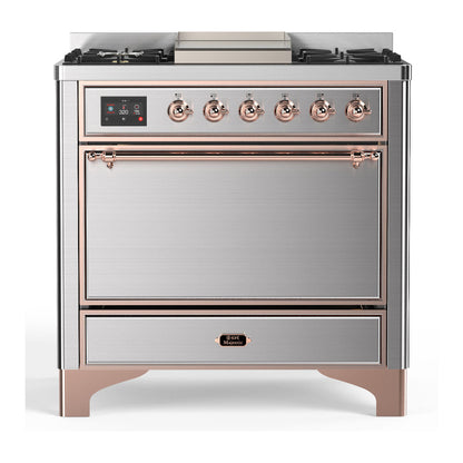 ILVE Majestic III 36-Inch Dual Fuel Range with 6 Sealed Burners + Griddle, 3.5 cu. ft. Oven, Stainless Steel with Copper Trim, Liquid Propane, Solid Door, UM36FQNR3SSPLP