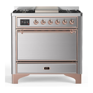 ILVE Majestic III 36-Inch Dual Fuel Range with 6 Sealed Burners + Griddle, 3.5 cu. ft. Oven, Stainless Steel with Copper Trim, Natural Gas, Solid Door, UM36FQNR3SSP