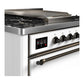 ILVE Majestic III 36-Inch Dual Fuel Range with 6 Sealed Burners + Griddle, 3.5 cu. ft. Oven, White with Burnished Trim, Liquid Propane, Solid Door, UM36FQNR3WHBLP