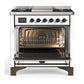 ILVE Majestic III 36-Inch Dual Fuel Range with 6 Sealed Burners + Griddle, 3.5 cu. ft. Oven, White with Burnished Trim, Natural Gas, Solid Door, UM36FQNR3WHB